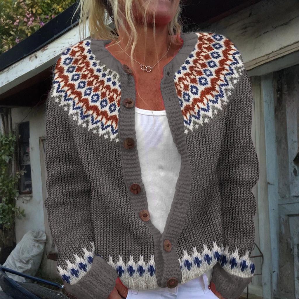 Кардиганы в стиле Fair Isle для женщин, с круглым вырезом, свободного кроя, на пуговицах, объемный свитер, с открытой передней частью, повседневная вязаная куртка на осень