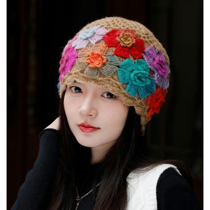 Handmade Crochet Colorful Flower Women'S Hat