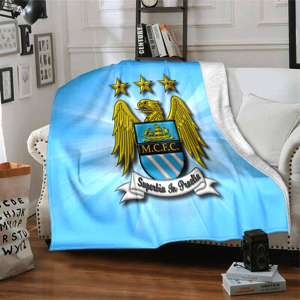 Football Manchester Crest Flannel Blanket, Soft Polyester, Modern Design, All-Season for Camping, Travel, Gifts for holidays or birthdays