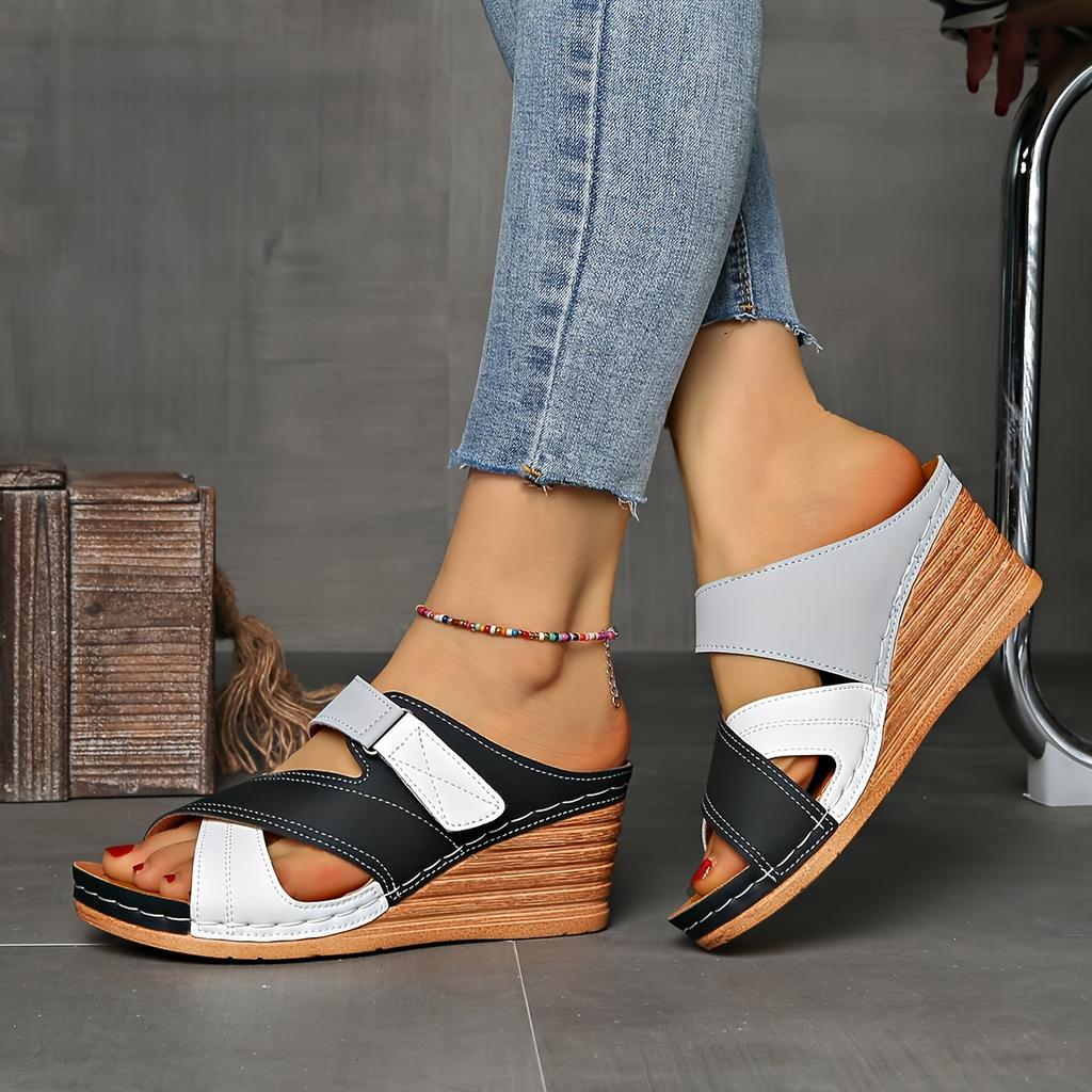 Ladies' Comfortable Color Blocked Sandals, Casual Buckle Open Toe Flat High Heels, Solid Color, Suitable for Summer Outdoor Shoes
