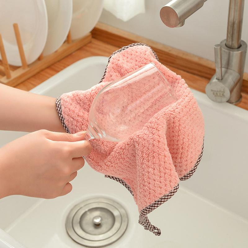 5Pcs Kitchen Towels Coral Fleece Hangable Cleaning Cloth for Tableware Dish Cloth Microfiber Absorbent Household Cleaning Towels