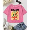 Picante Chillies Print Women Washed Slim T-Shirt Summer Casual Short Sleeve Cotton T Shirts Soft Hip Hop Top