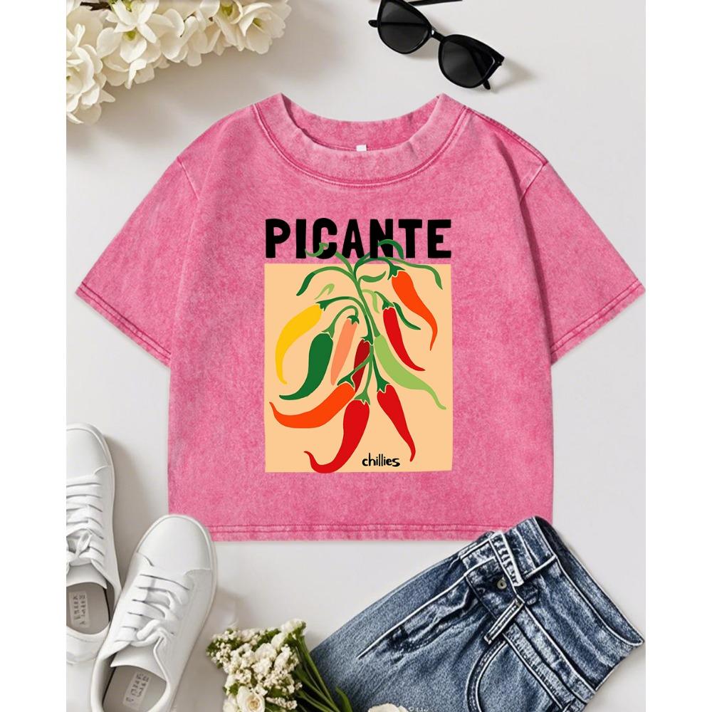 Picante Chillies Print Women Washed Slim T-Shirt Summer Casual Short Sleeve Cotton T Shirts Soft Hip Hop Top