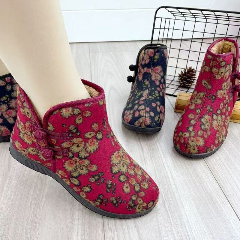 Cotton Boots Winter Soft-soled Cotton Shoes Women's Comfortable Velvet Warm Ethnic Style Mother Cotton Shoes the Elderly Grandma Cotton Boots