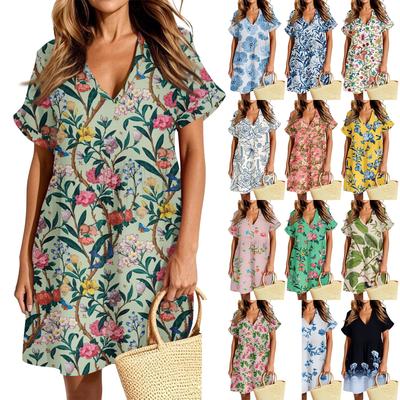 Женское повседневное модное платье с винтажным цветочным принтом и коротким рукавом и V-образным вырезом