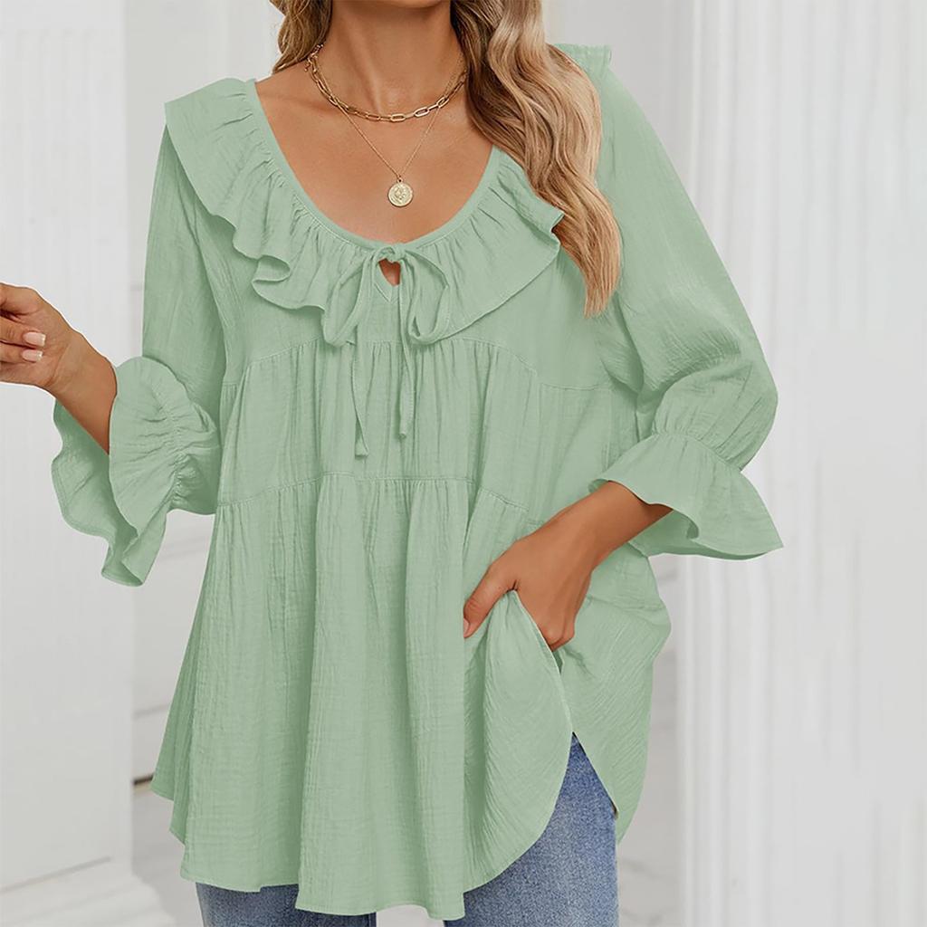 Женская туника-рубашка с круглым вырезом, завязками спереди, складками, декорированная, многослойная, свободная, с рукавами-семью точками