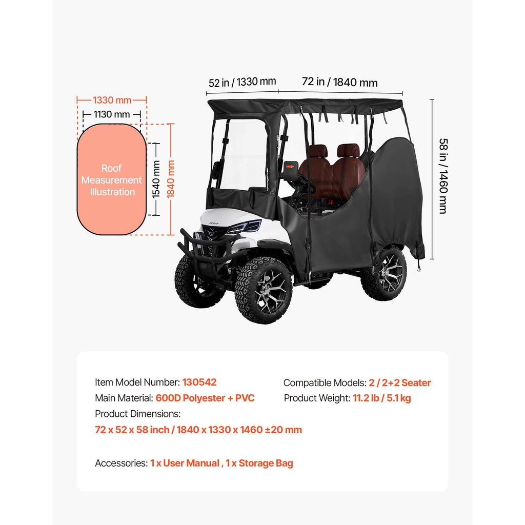 SucceBuy Golf Cart Cover Visible Full-Enclosure 2&2+2;2+2/4 Seater Waterproof Oxford PVC Coating Windproof Hook Fits Most Carts