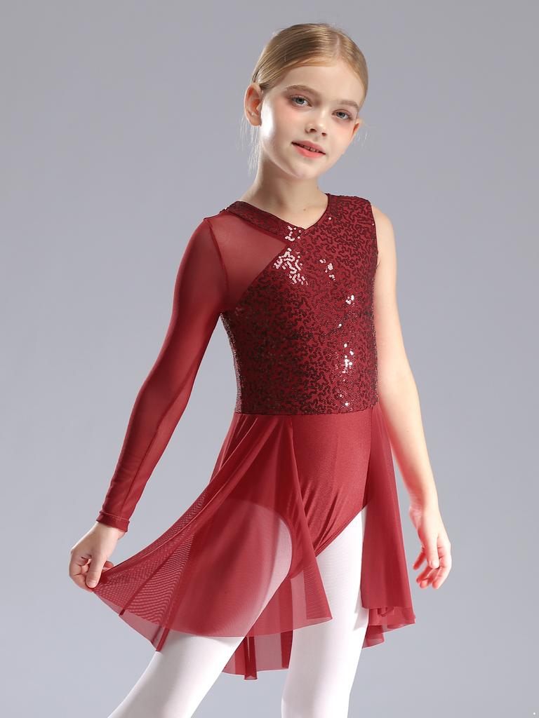Kids Girls LJazz Dancewear Yrical Skating Dance Dress One Shoulder Asymmetrical Sleeve Shiny Sequins Ballet Ballroom Dance Skirted Leotard