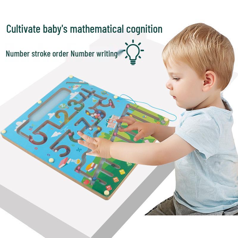 Развивающая магнитная игра-лабиринт с бусинами для детей - Деревянное распознавание чисел с управлением магнитной ручкой