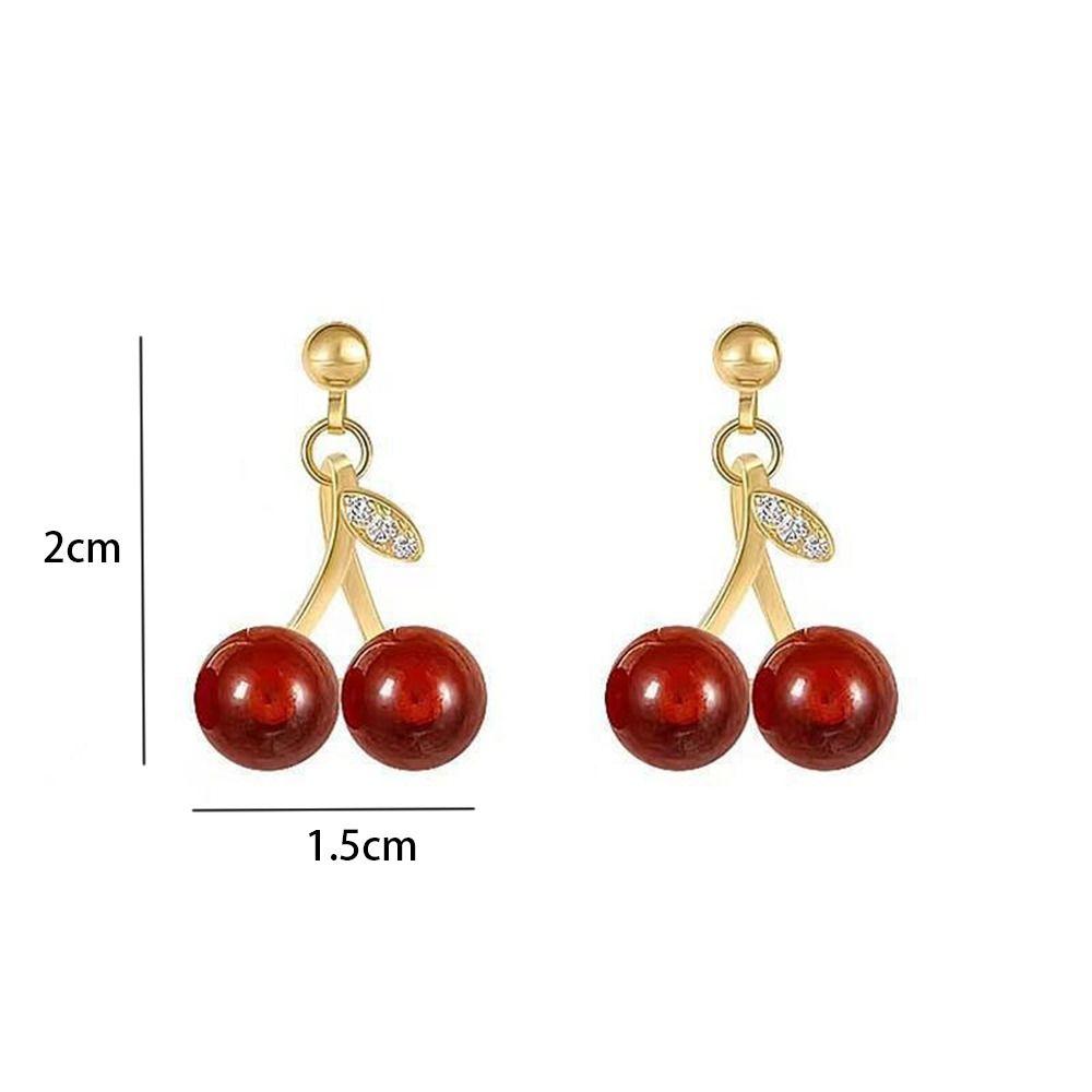 Серьги-гвоздики с сладкими фруктами и вишней, серьги-подвески с листьями растений и красной вишней, ювелирные изделия в подарок