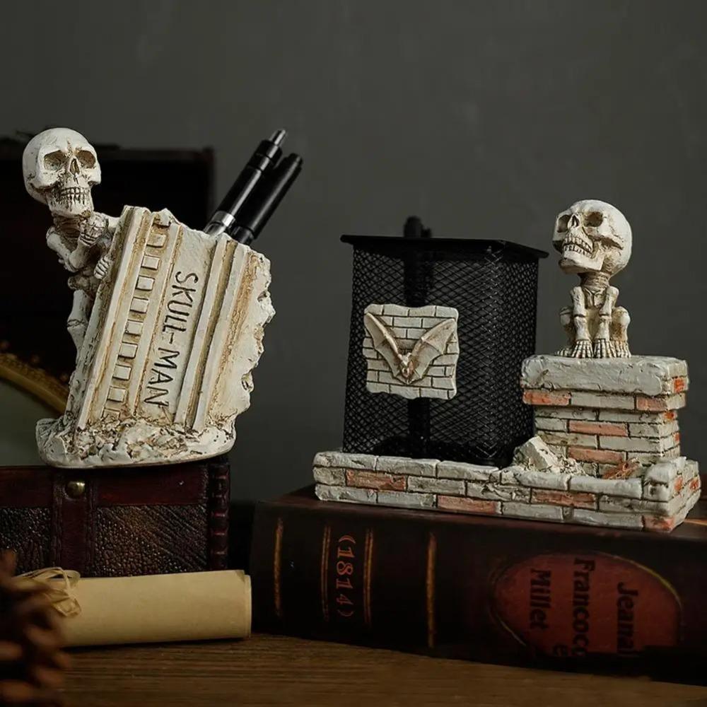 Resin Crafts Halloween Skull Pen Holder Funny Skeleton Toothbrush Holder  Home Desktop Decoration