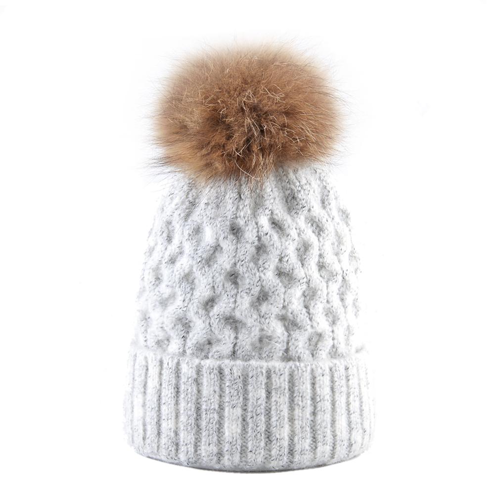 Женская зимняя шапка, женская теплая вязаная шерстяная шапка с натуральным мехом и помпоном, шапки для девочек