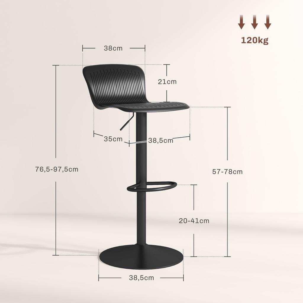 Set of 2 bar stools, height-adjustable bar chairs, backrest and footrest, 38.5x40x76.5-97.5cm, black