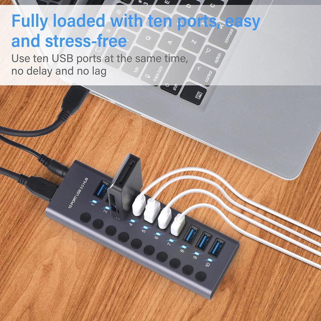 985A 10-портовый USB 3.0 концентратор, USB-разветвитель, USB-док-станция, 300 МБ/с, высокоскоростная передача, с индивидуальными переключателями, 12 В