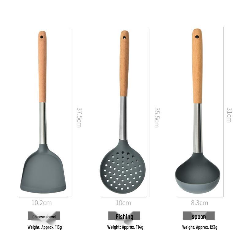 Silicone Kitchen Utensil Set: 3-Piece Wooden Handle - Spatula, Frying Spatula, Ladle, and Skimmer