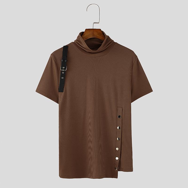 INCERUN Мужские летние водолазки с коротким рукавом в рубчик повседневные нестандартные облегающие футболки майки