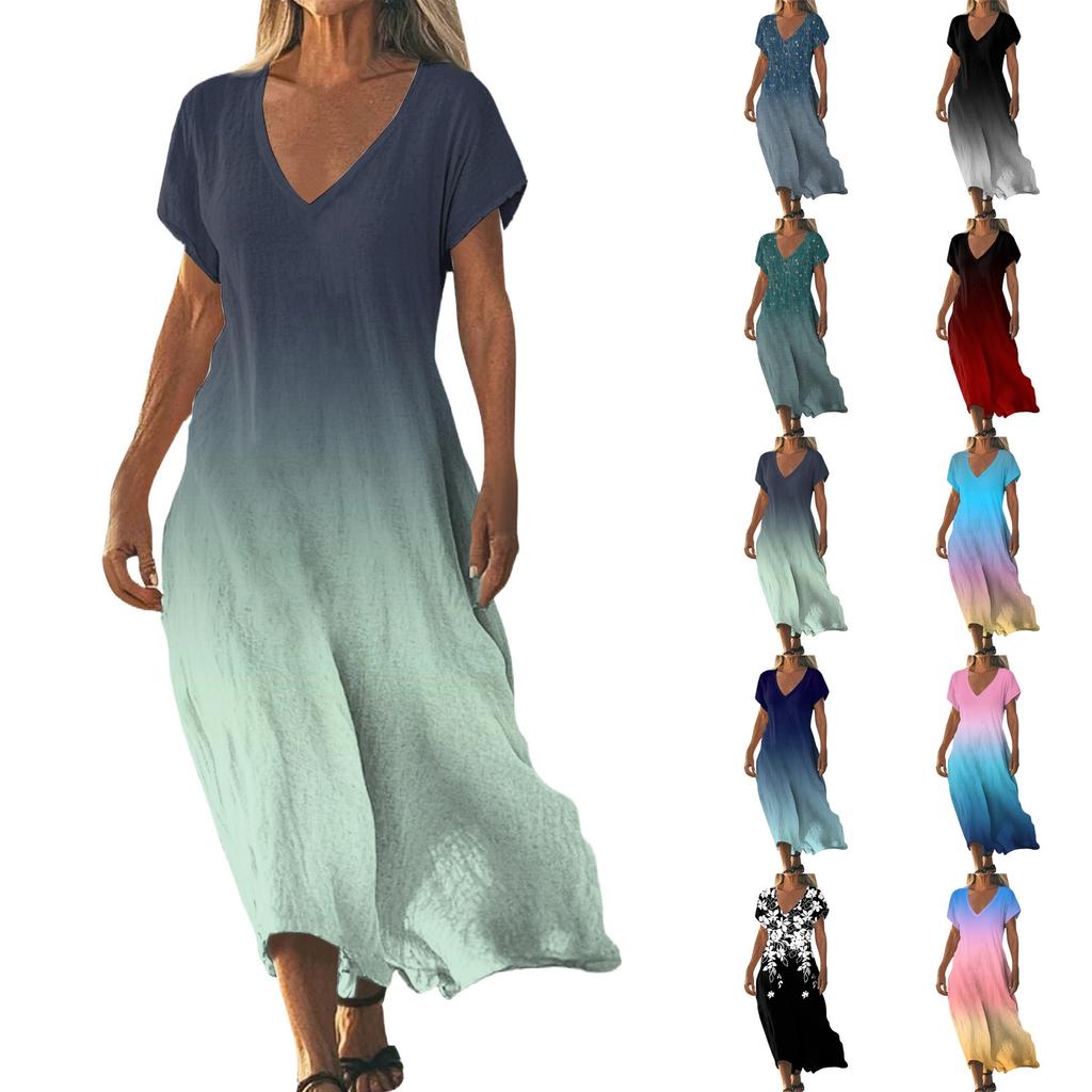 Women's Summer V-Neck Short Sleeve Cotton Linen Gradient Printed Loose Beach Dresses