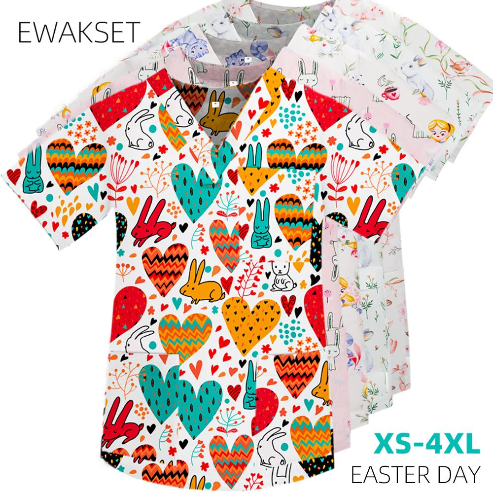 Узор пасхальных кроликов, медицинская униформа из 100% хлопка, медицинская блузка для медсестры, врача, футболка с V-образным вырезом и коротким рукавом, женская, мужская, хирургическая, топы