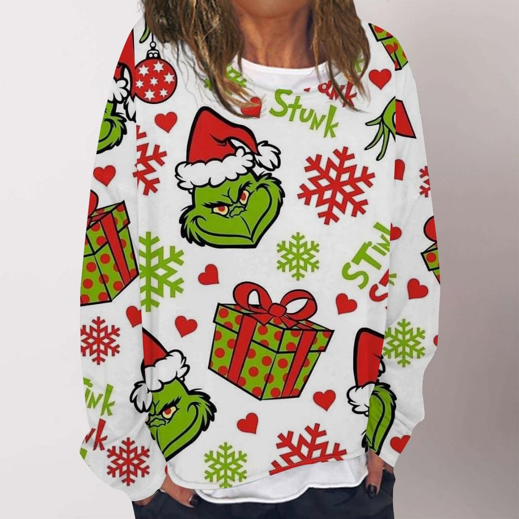 Женская повседневная модная толстовка с длинным рукавом и круглым вырезом с рождественским принтом, многослойный пуловер, топ