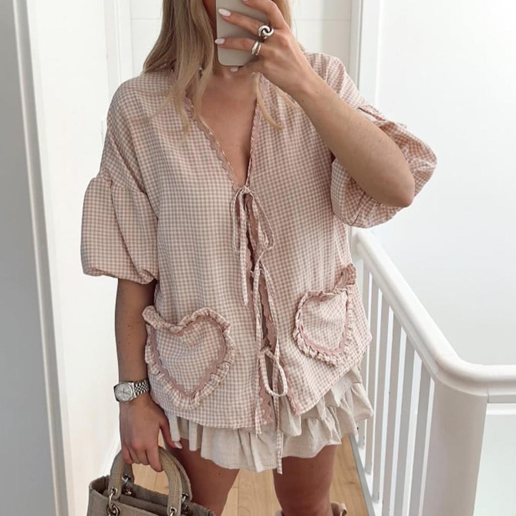 Женская повседневная клетчатая рубашка с коротким рукавом, свободные топы с ремешком и карманом в форме сердца