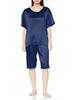 Gunze Kaimin Navi Sleepwear Silk Navy Blue Pajamas, 100% Silk, Half-Sleeve, Half-Length Pants, Satin, Women's,