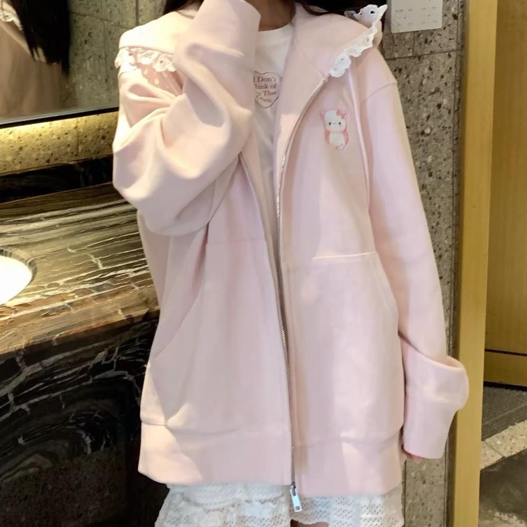 Kawaii Sweet Harajuku Hoodies Women Japanese Gothci Lace Patchwork Cartoon Embroidery Zipper Oversize Sweatshirt