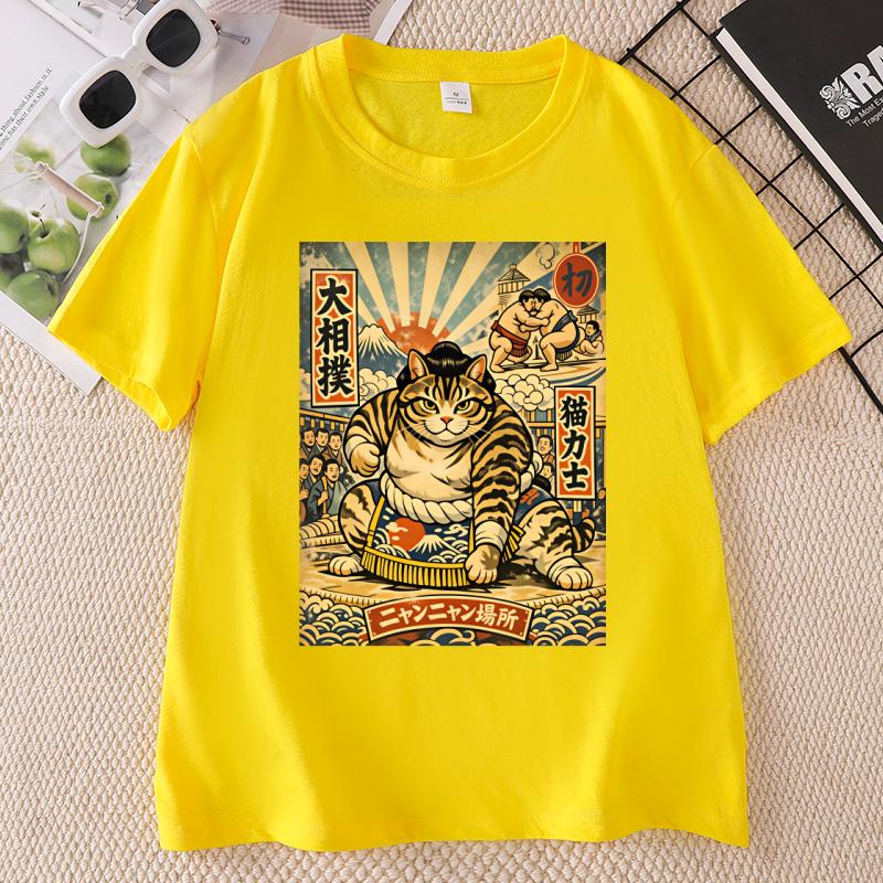 Sumo Cat TShirt Japanese Style Funny Cat Tee Casual Round Neck Printed Cotton T Shirt Streetwear Summer Casual Short Sleeve