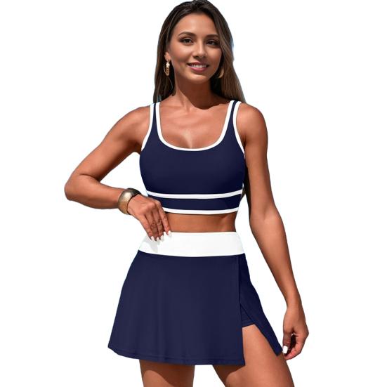 2Pcs/Set Women Tankini Set Low O-Neck Sleeve Tank Tops Tummy Control Side Split Skorts Set Patchwork Color Swimwear