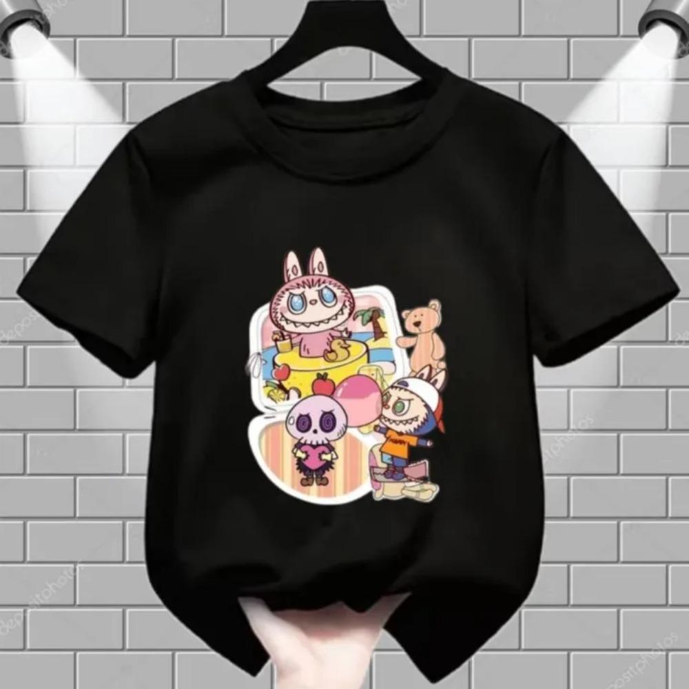 Летняя популярная детская футболка одежда пляжный отпуск Labubu с принтом для девочек круглый вырез короткий рукав повседневный топ