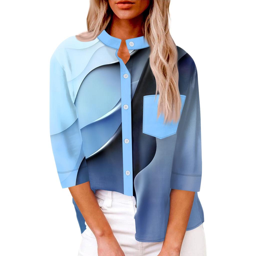 Women's Fashion Casual Shirt Button Loose Seven Sleeve Striped Patchwork Printed Top