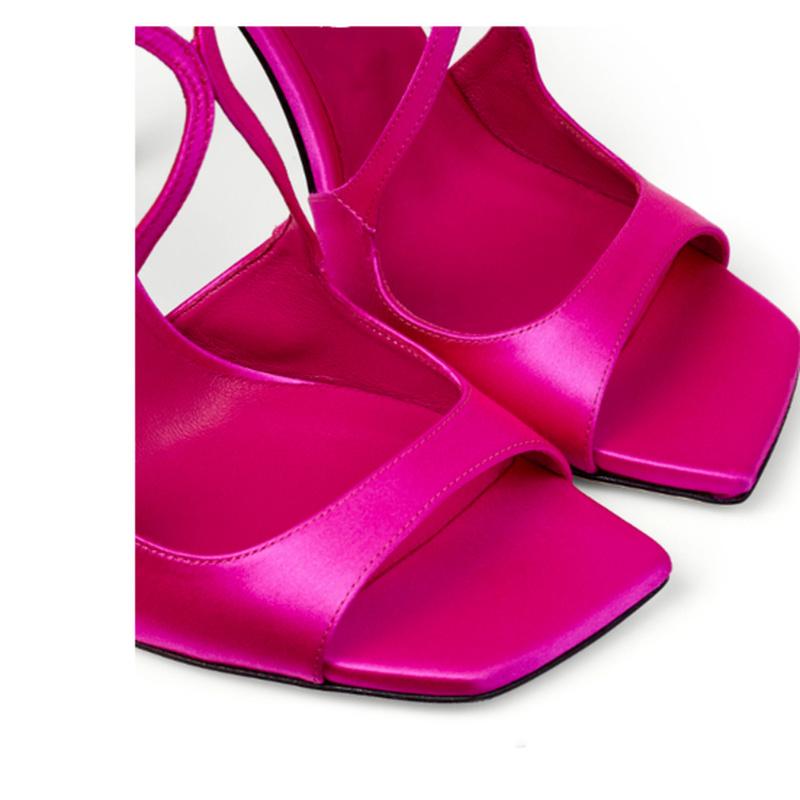 Модные сандалии для подиума, атласные завязки с квадратной головкой, женская обувь на тонком высоком каблуке 10 см, большие 34–43, качественные сандалии черного, розового и красного цветов