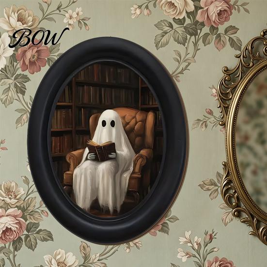 Gothic Farmhouse Decor Halloween Wooden Door Hanging Sign, Oval Black Cat Ghost Wall Plaque, Retro Painting Waterproof Art for Entryway Bedroom Cafe,