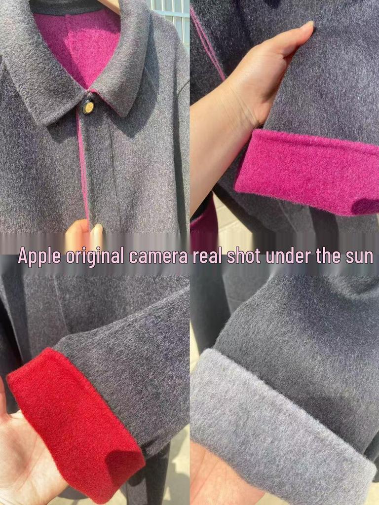 Двухцветное шерстяное пальто-кокон - Минималистичное, Высококачественное, Утепленное, Свободного кроя, Двустороннее