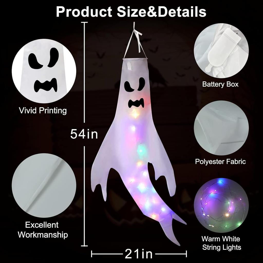 Halloween Decor Ghost Hanging LED Light Up Wind Tube Ornament for Party Scene Decoration Spooky Props Haunted House Decorations