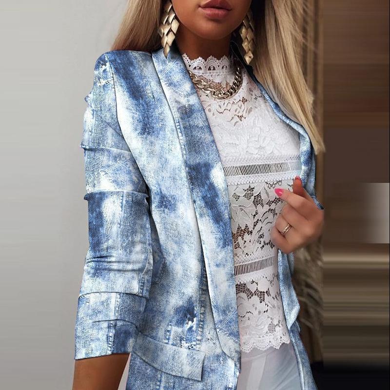 Женская мода с длинным рукавом и цветным принтом, куртка с открытой передней частью