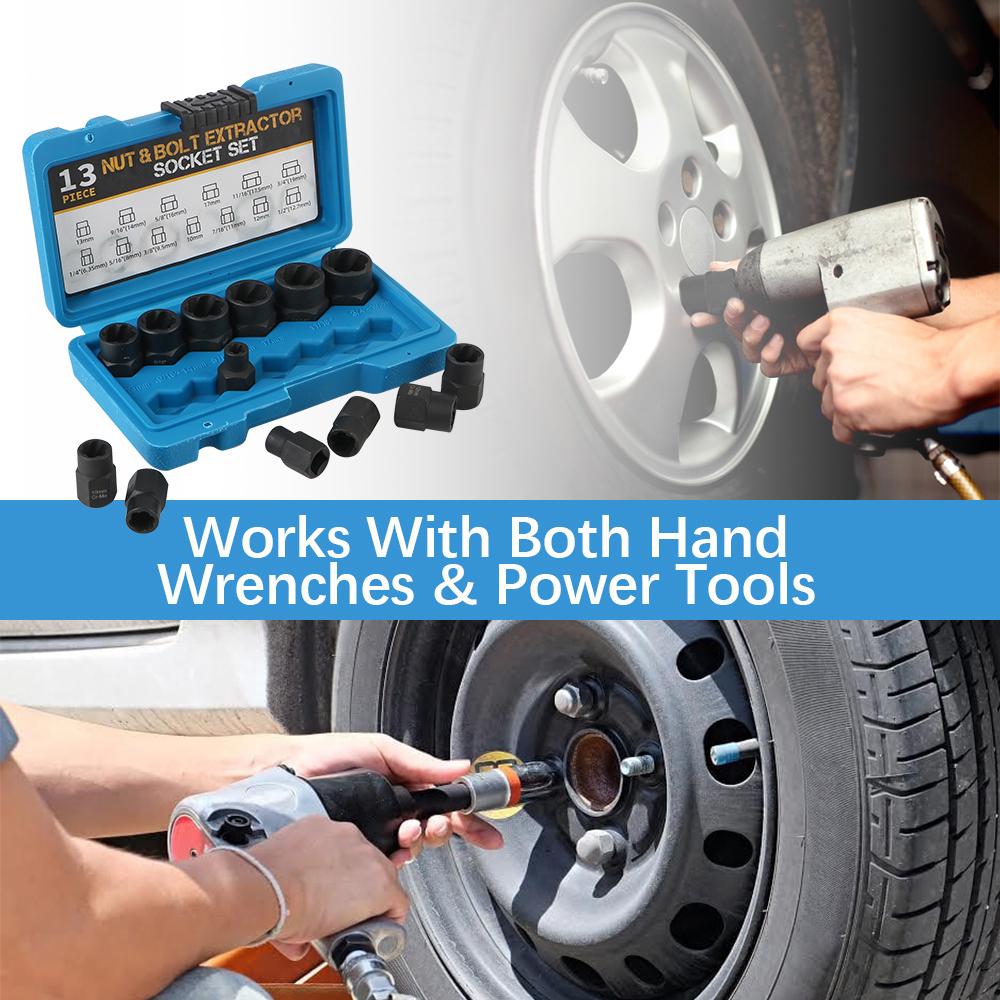 Damaged Stripped Nut and Bolt Remover Kit 3/8" Impact Bolt Nut Screw Remover Tool Set Nut Extractor Socket Socket Wrench 13PCS