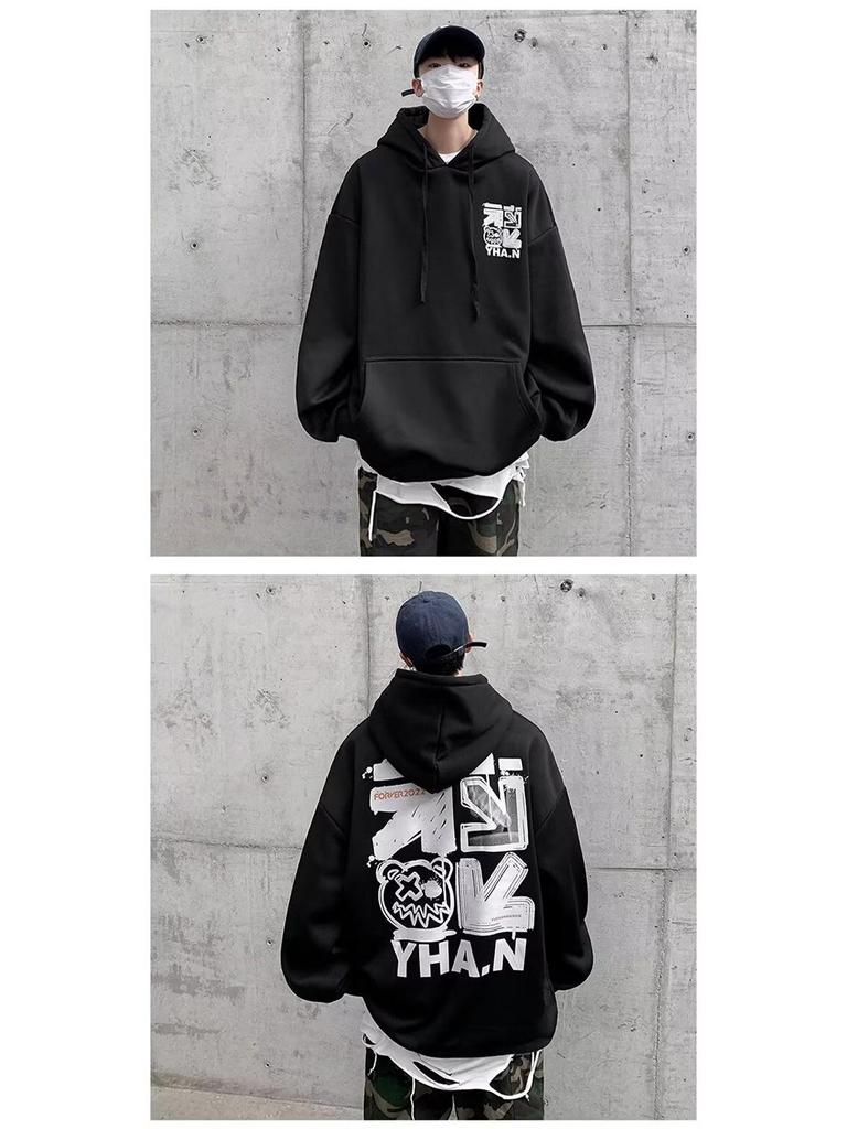 Мужская свободная толстовка с капюшоном в гонконгском стиле 2024 года - Модный принт с буквами, универсальная куртка на весну/осень