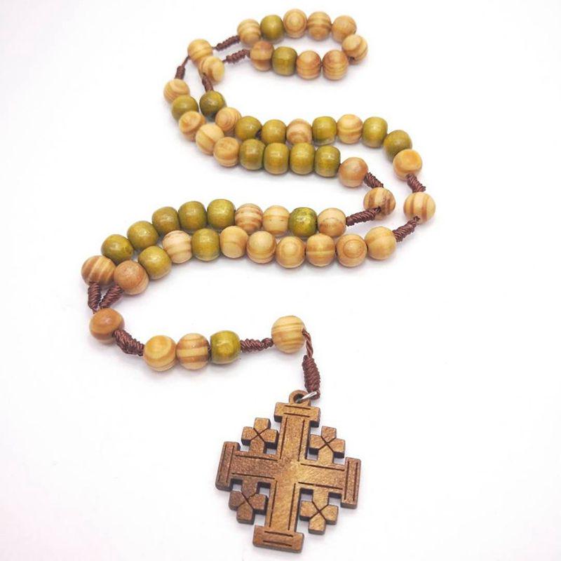 Wooden Beads Weave the Jerusalem Religious Catholic Ornament Cross Jesus Rosary Necklace