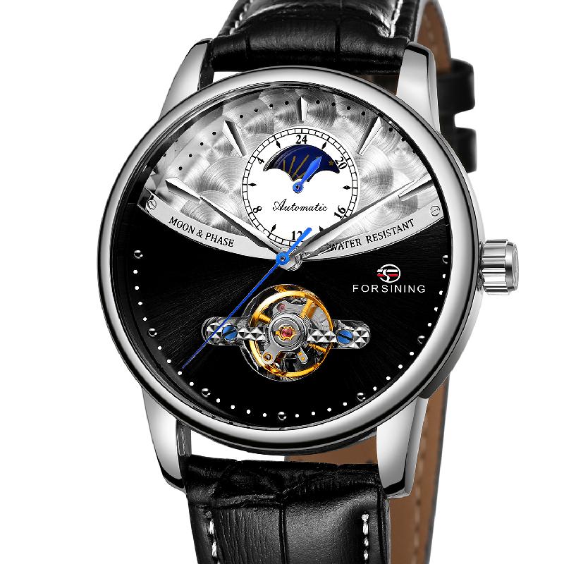 FORSINING Mens Watch Automatic Mechanical Classic Tourbillon Skeleton 24H Day Night Indicator Leather Band Male Dress Wristwatch