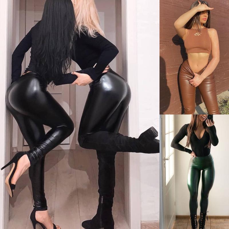 Модные женские кожаные леггинсы, женские эластичные брюки с высокой талией, повседневные кожаные брюки, большие размеры, узкие длинные брюки