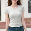 Pure Cotton Round-neck Straight-shoulder Brightening Short-sleeved T-shirt for Women. Summer Slimming Pleated, Cinched Waist Embroidered Top