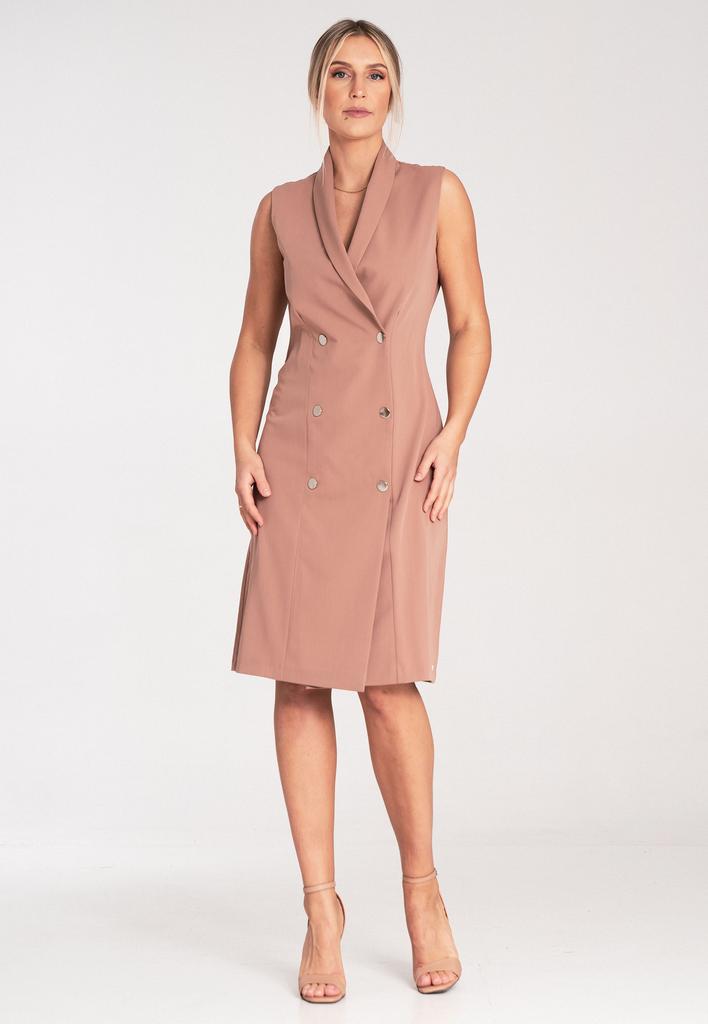 Żakietowa Sukienka Midi - Elegancka Sukienka Z Guzikami - Beżowa Sukienka M1067 Rozmiar L