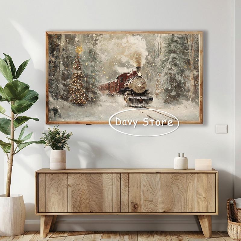 Vintage Christmas Tree Winter Snow Landscape Posters Prints Canvas Painting Holiday Xmas Wall Art Picture for Room Home Decor