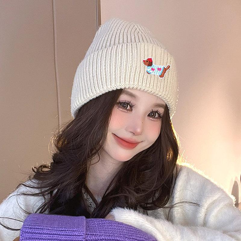 Autumn and Winter New Hat for Women Puppy Patch Knitted Hat Sweet and Cute Warm Wool Hat Outdoor Versatile Pullover Hat