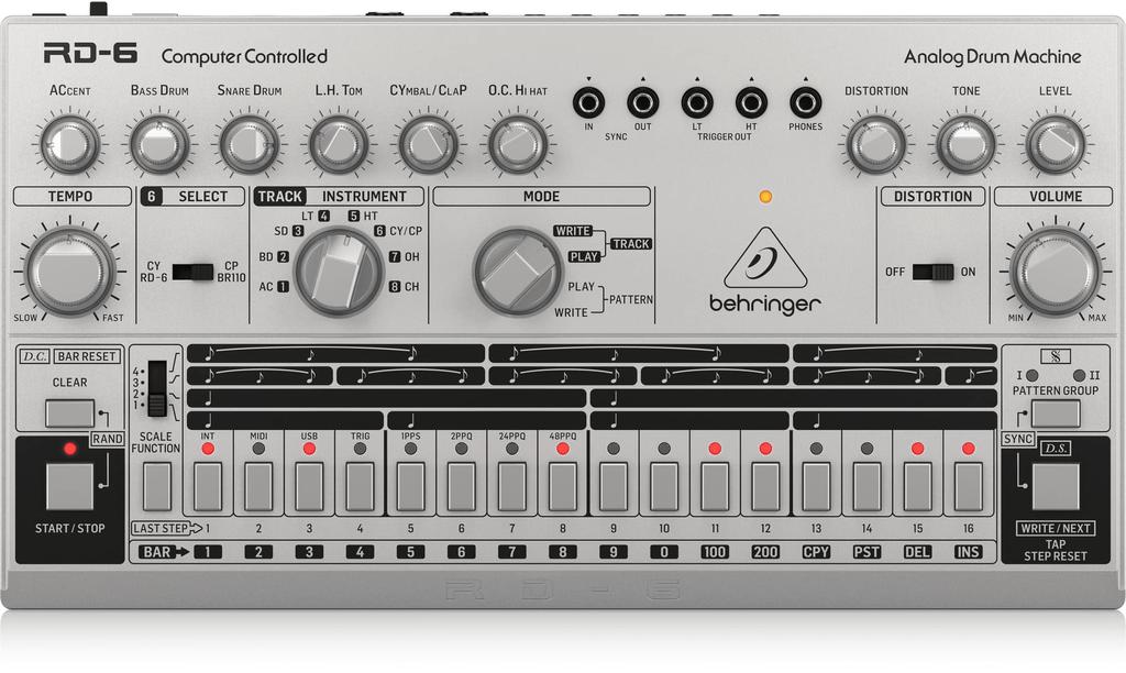 Behringer Analog Drum Machine MIDI Compatible 16 Step Sequencer with Analog Distortion Silver USB/DIN RD-6-SR