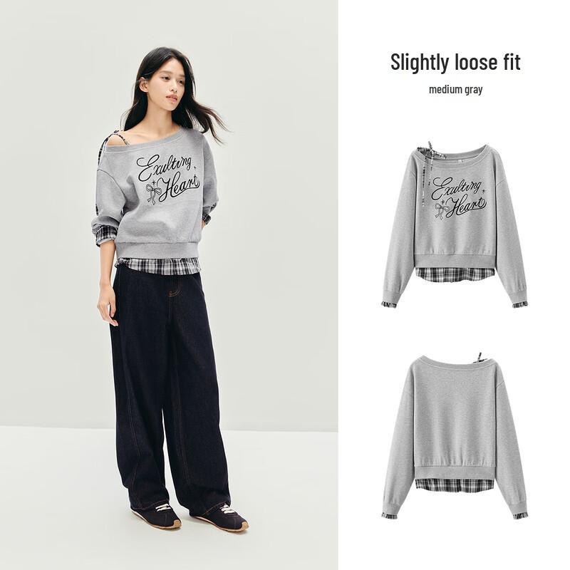 Semir Women's Faux 2-Piece Plaid Patchwork Sweatshirt