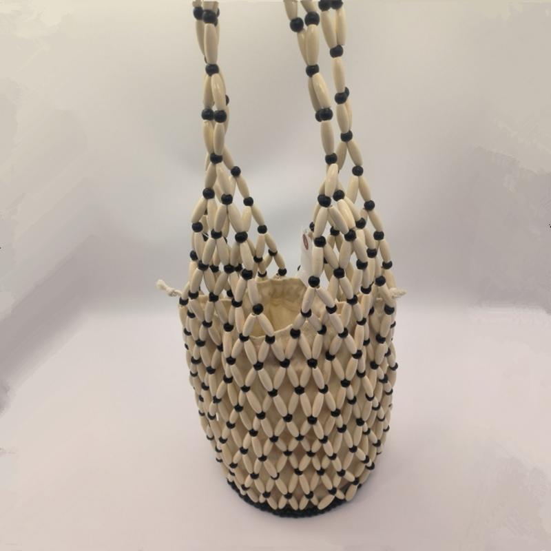 2025 New Design Summer Handmade Lady Wooden Bead Woven Tote Bag Hollow-out Shoulder Bag Travel Beach Underarm Bucket Bag Handbag