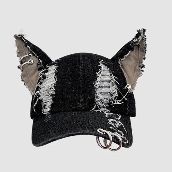 Denim Baseball Hat Adjustable Strap Distressed Design Denim Cap with 3D Bunny Ears