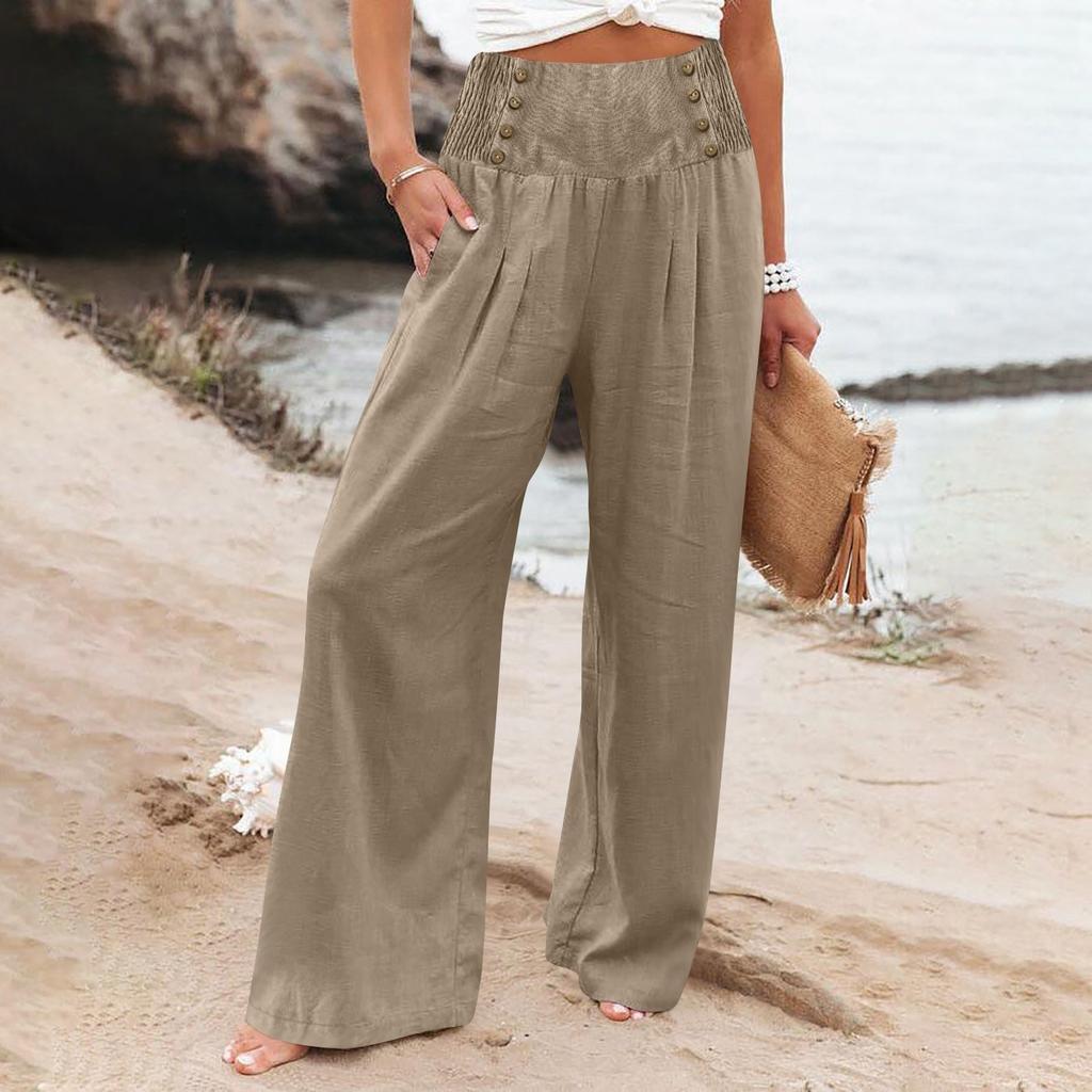 Summer Cotton Linen Wide Leg Pants Women Loose Palazzo Pant Pocket Elastic Waist Button Casual Pants