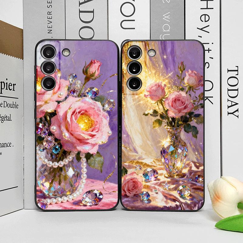 Роскошный Чехол для Телефона с Принтом Розовой Розы и Алмазов для Samsung Galaxy S26 S25 S24+ S23 Ultra S22 Plus S21 FE S20 Мягкий Чехол